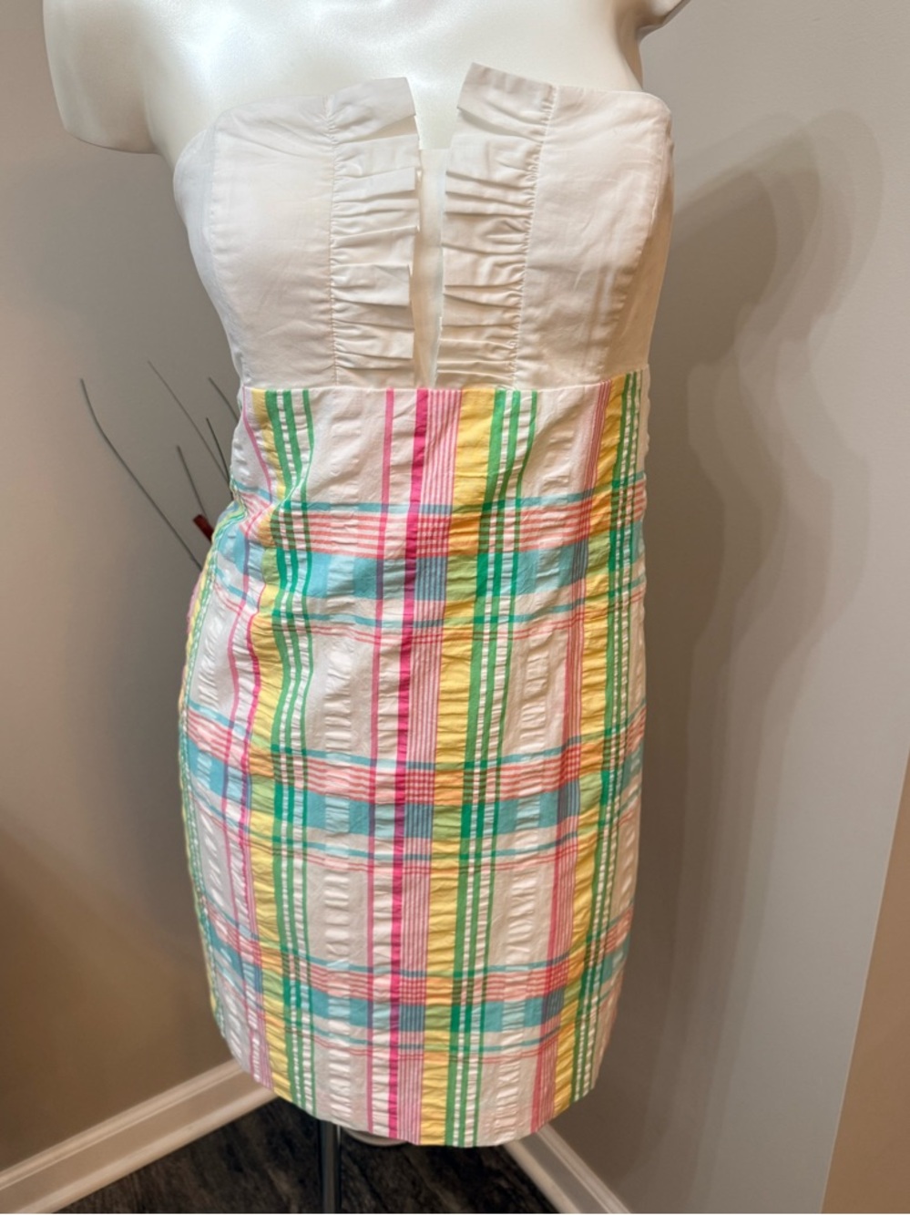 Lilly Pulitzer Franco Green Blue Seer Sucker Tie Back Strapless Dress Sz 6